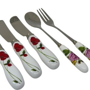 VTG Stainless Steel Porcelain Cheese Knife Spoon Set Floral Ceramic Handles 5pc